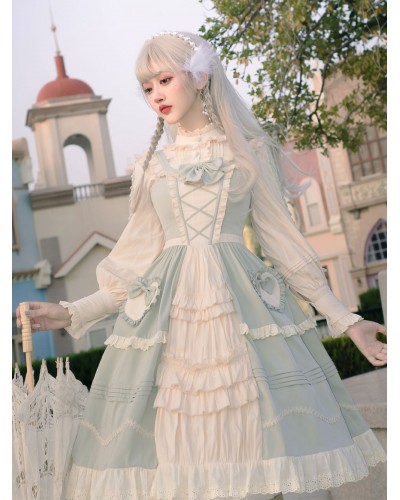 Sweet Lolita JSK Dress Mint Green Sleeveless Bows Lace Up Lolita Jumper Skirts