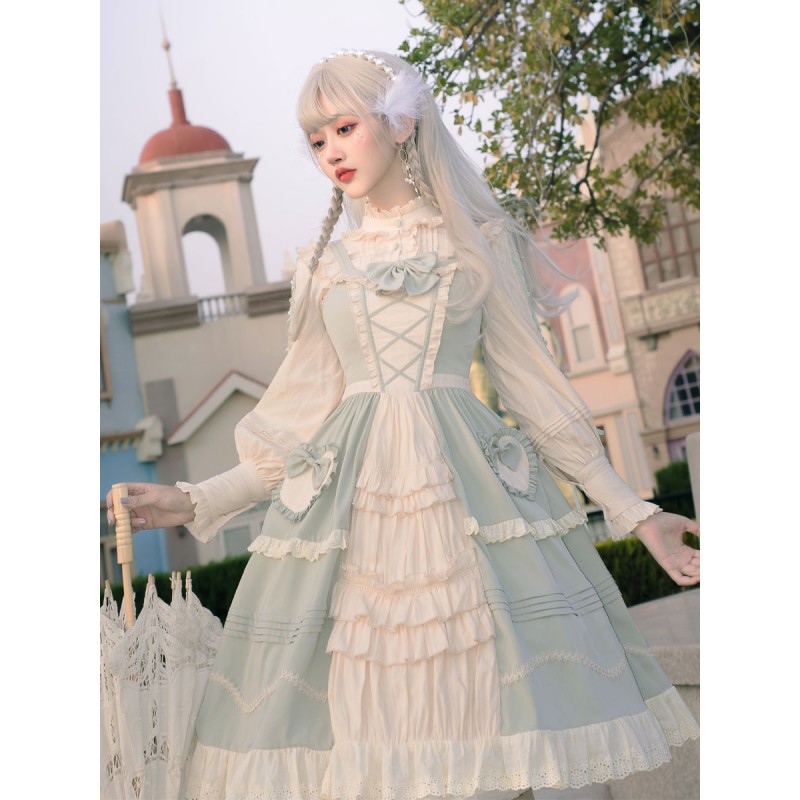 Sweet Lolita JSK Dress Mint Green Sleeveless Bows Lace Up Lolita Jumper Skirts