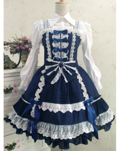 Sweet Lolita Dress JSK Deep Blue Lolita Dress Cotton Ruffle Tiered Lolita Jumper Skirt With Bow Tea Party