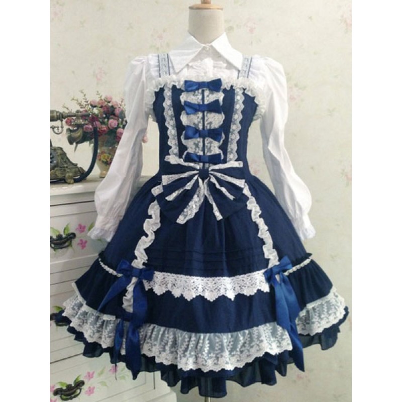 Sweet Lolita Dress JSK Deep Blue Lolita Dress Cotton Ruffle Tiered Lolita Jumper Skirt With Bow Tea Party