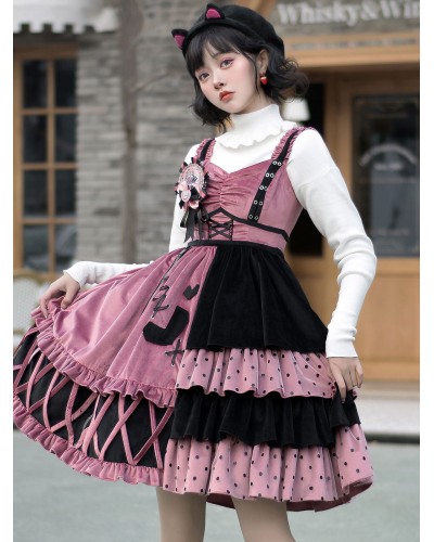 Sweet Lolita JSK Dress Watermelon Red Polyester Sleeveless Polka Dot Nets Tiered Lolita Jumper Skirts