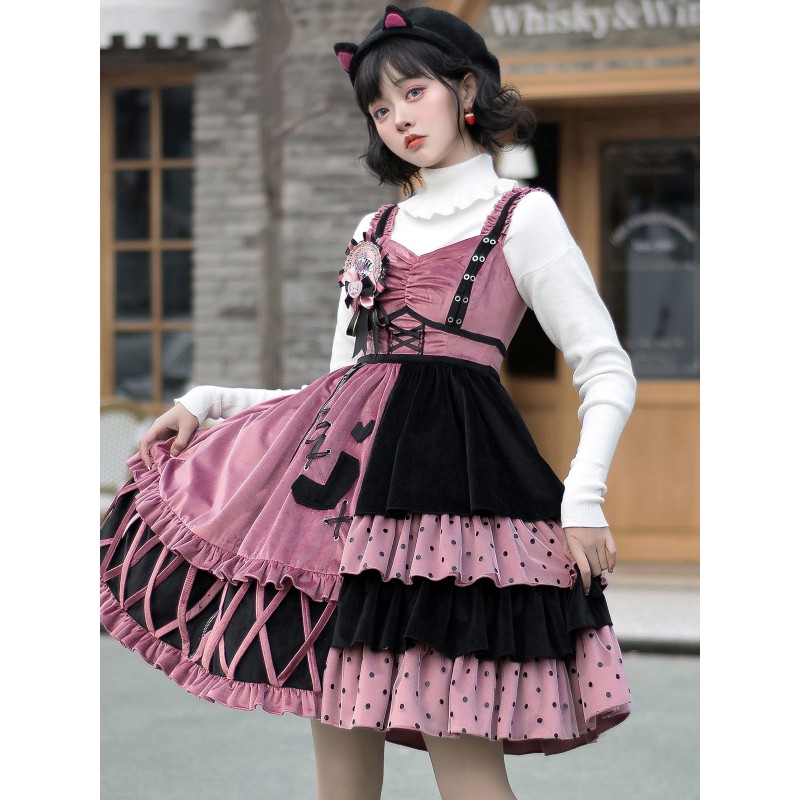 Sweet Lolita JSK Dress Watermelon Red Polyester Sleeveless Polka Dot Nets Tiered Lolita Jumper Skirts