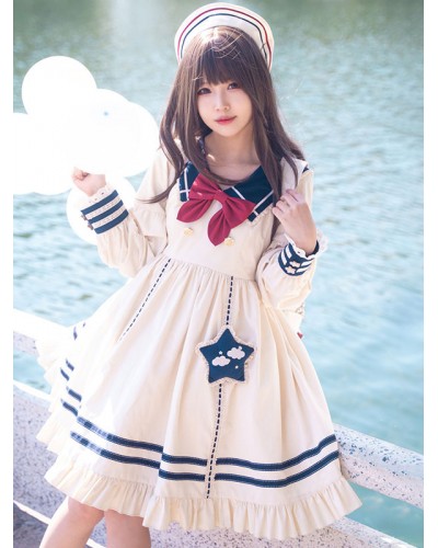 Sweet Lolita Dress Polyester Long Sleeves Navy Style Dress Lolita Dress