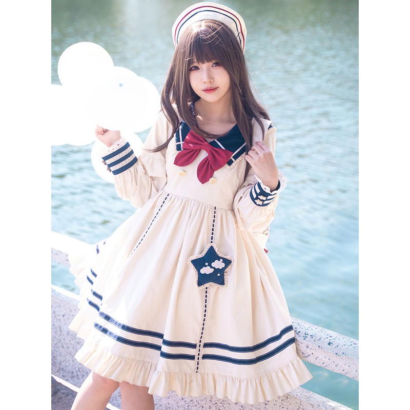 Sweet Lolita Dress Polyester Long Sleeves Navy Style Dress Lolita Dress