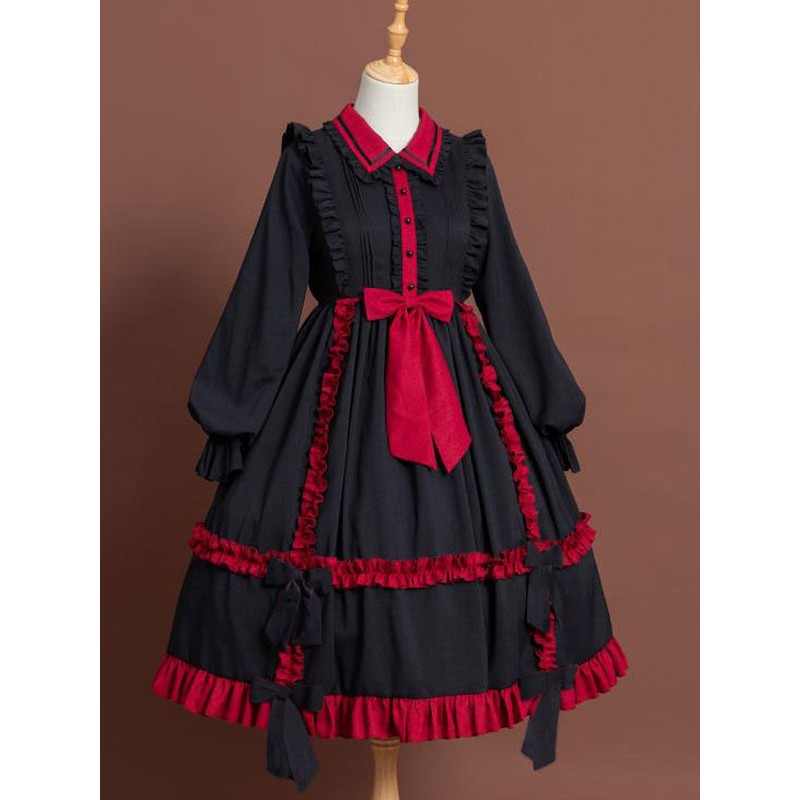 Classic Lolita OP Dress Bow Ruffles Two Tone Lolita One Piece Dresses Classic  Traditional Spring Summer Fall Winter Tea Party