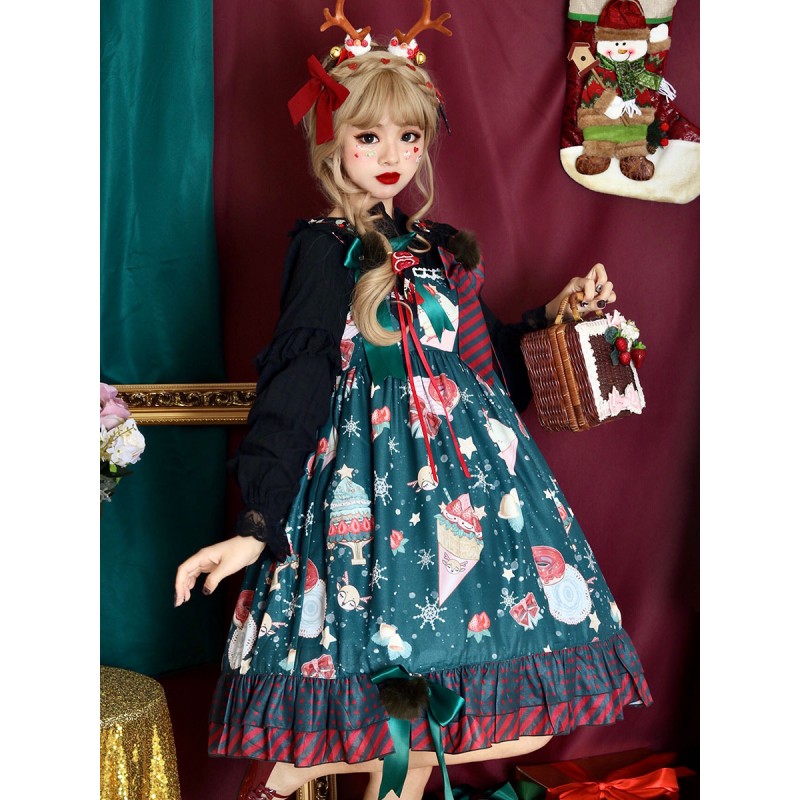 Sweet Lolita JSK Dress Polyester Sleeveless Ruffles Deep Green Lolita Jumper Skirt Fall