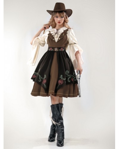 Classical Lolita Dress Polyester 3/4 Length Sleeves Floral Print Lolita Dresses Academic Coffee Brown