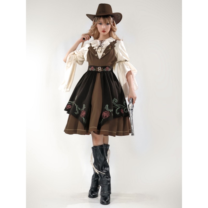 Classical Lolita Dress Polyester 3/4 Length Sleeves Floral Print Lolita Dresses Academic Coffee Brown