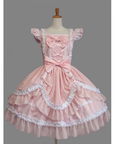 Sweet Lolita Dress Pink Cotton Bow Lace Ruffled Cap Sleeve Lolita One Piece Dress Tea Party