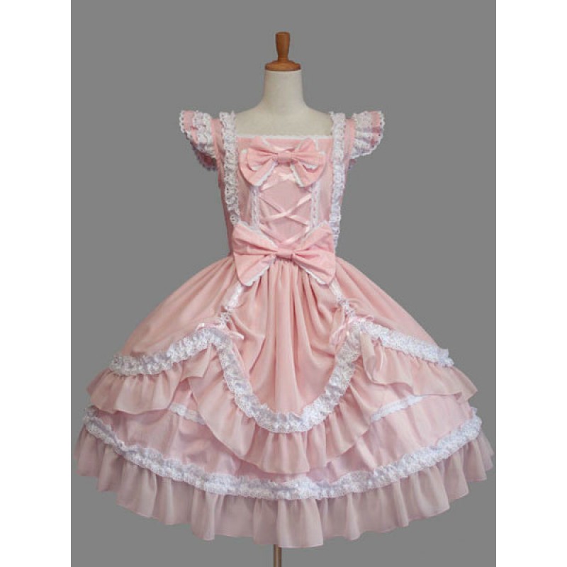 Sweet Lolita Dress Pink Cotton Bow Lace Ruffled Cap Sleeve Lolita One Piece Dress Tea Party