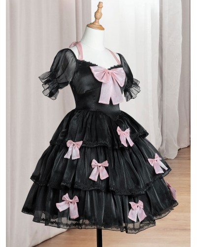 Sweet Lolita Dress Polyester Short Sleeves Lace Bows Ruffles Black Lolita One Piece Dress