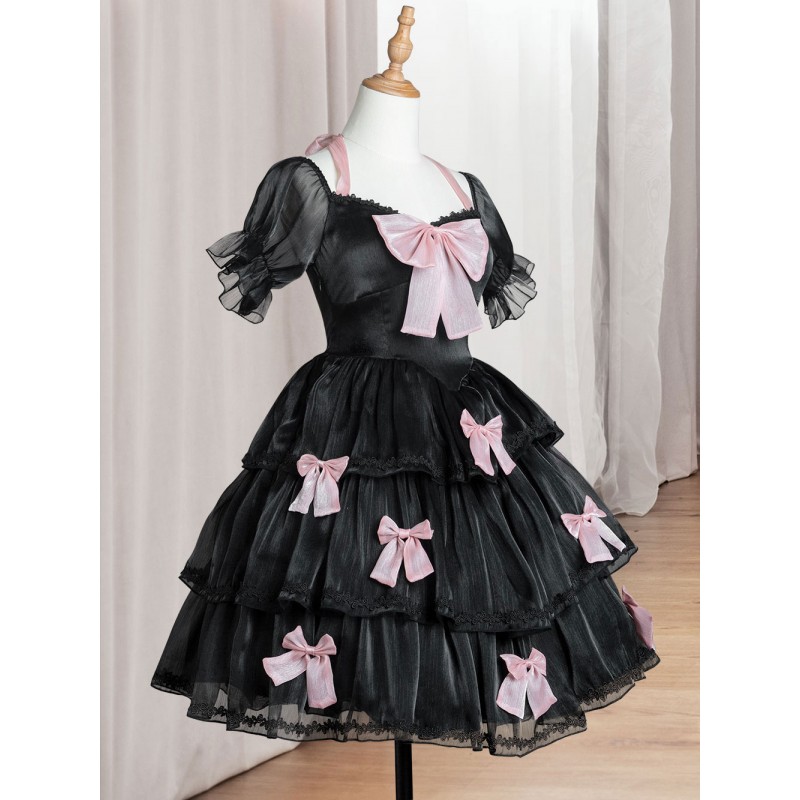 Sweet Lolita Dress Polyester Short Sleeves Lace Bows Ruffles Black Lolita One Piece Dress