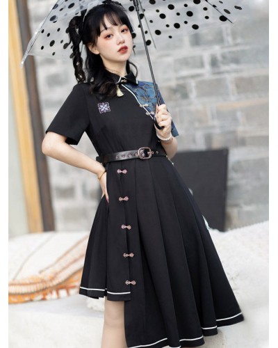 Chinese Style Lolita Dress Fringe Short Sleeves Polyester Chinese Style Floral Print Black Chinese Style Lolita