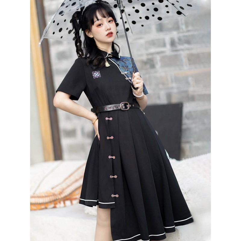 Chinese Style Lolita Dress Fringe Short Sleeves Polyester Chinese Style Floral Print Black Chinese Style Lolita