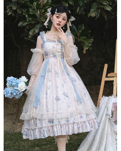 Japanese Style Lolita Costumes Lolita Dresses Polyester Ruffles Floral Print Chinese Style Sleeveless Ecru White