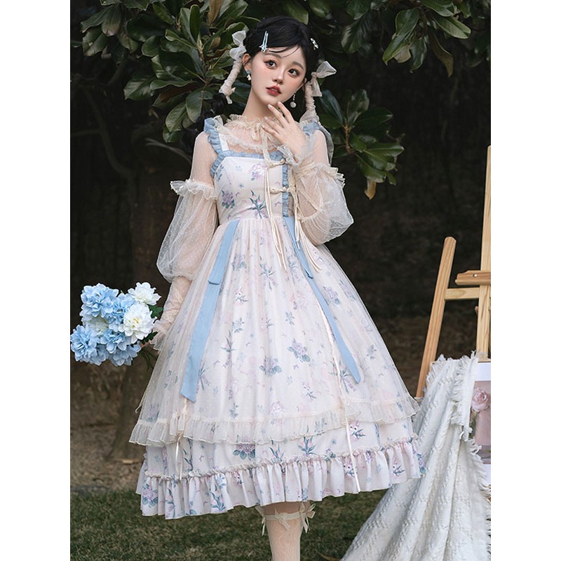 Japanese Style Lolita Costumes Lolita Dresses Polyester Ruffles Floral Print Chinese Style Sleeveless Ecru White