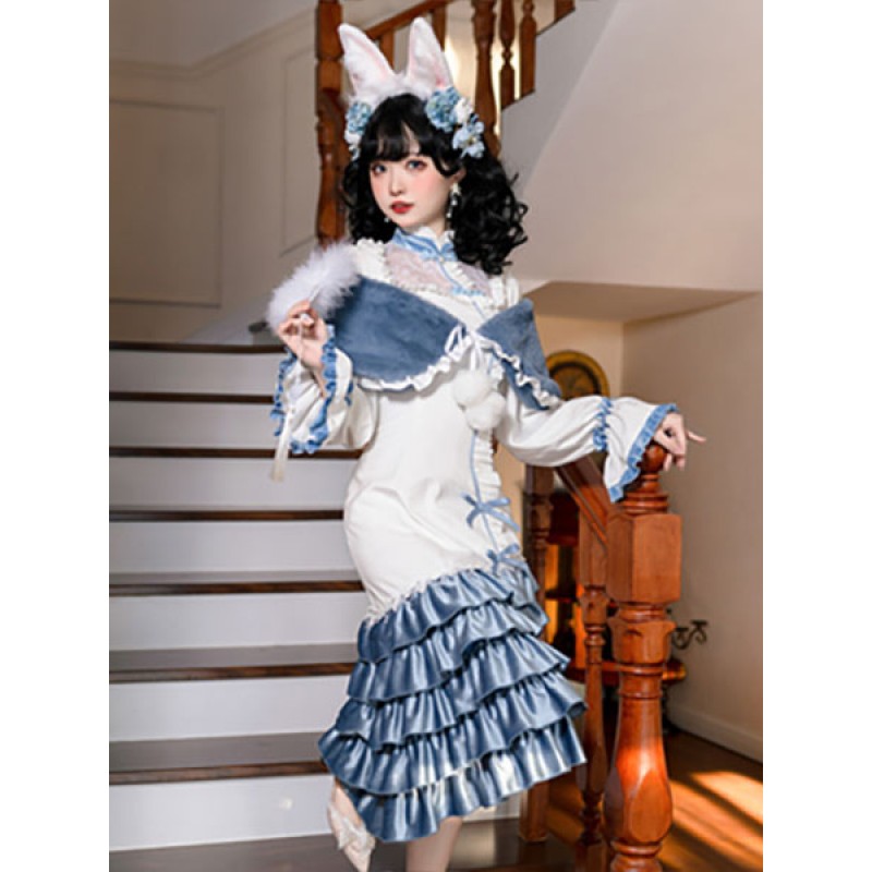 Chinese Style Lolita Dress Lace Long Sleeves Polyester Chinese Style White Chinese Style Lolita