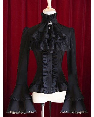 Black Lolita Blouse Bell Sleeves Ruffles Cotton Blouse For Women