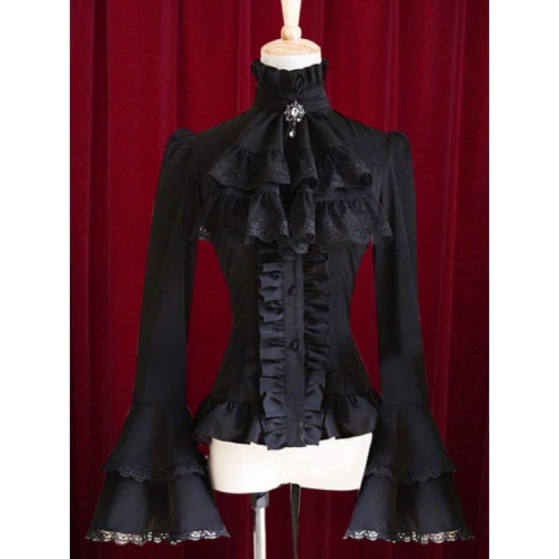 Black Lolita Blouse Bell Sleeves Ruffles Cotton Blouse For Women