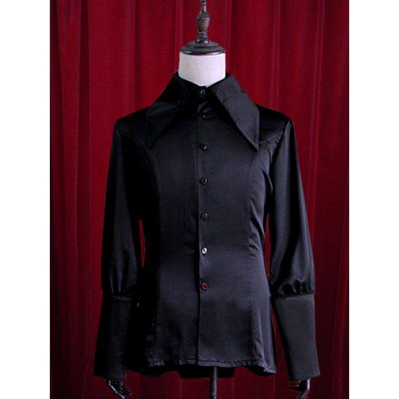 Black Lolita Blouse Buttons Silk Blouse For Women Sweet Daily Casual