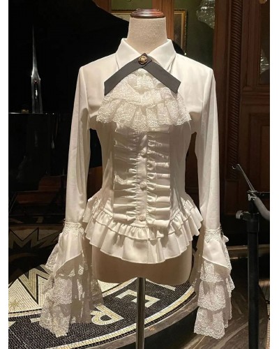 Lolita Ruffles Lace Long Sleeves Lolita Top Blouse White Lolita Shirt Blouses Steampunk Gothic Daily Casual Tea Party