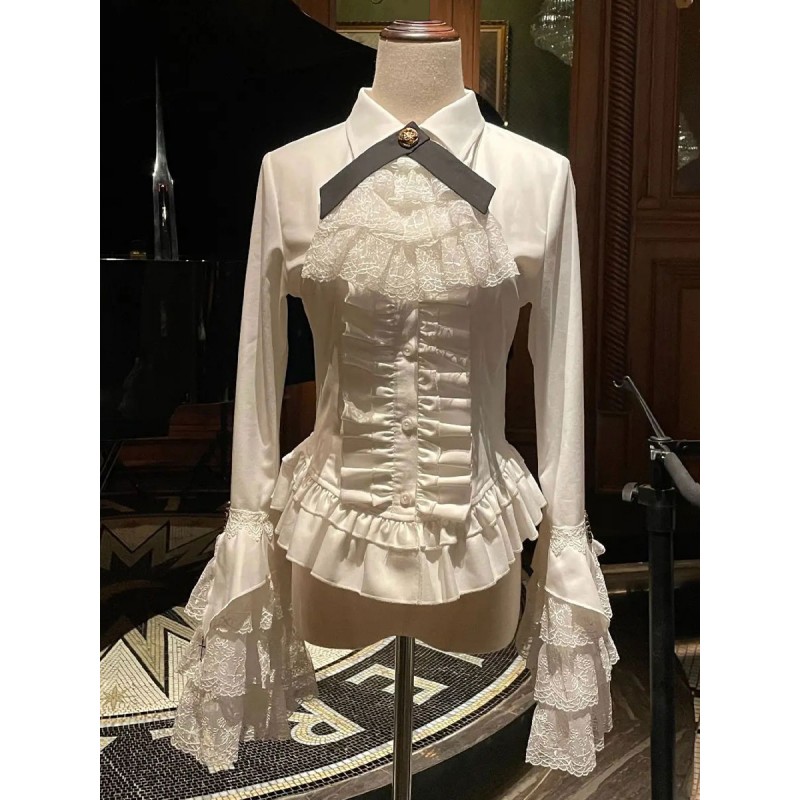 Lolita Ruffles Lace Long Sleeves Lolita Top Blouse White Lolita Shirt Blouses Steampunk Gothic Daily Casual Tea Party