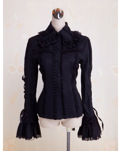 Black Cotton Lolita Blouse Long Hime Sleeves Lace Up Lace Trim Turn-down Collar