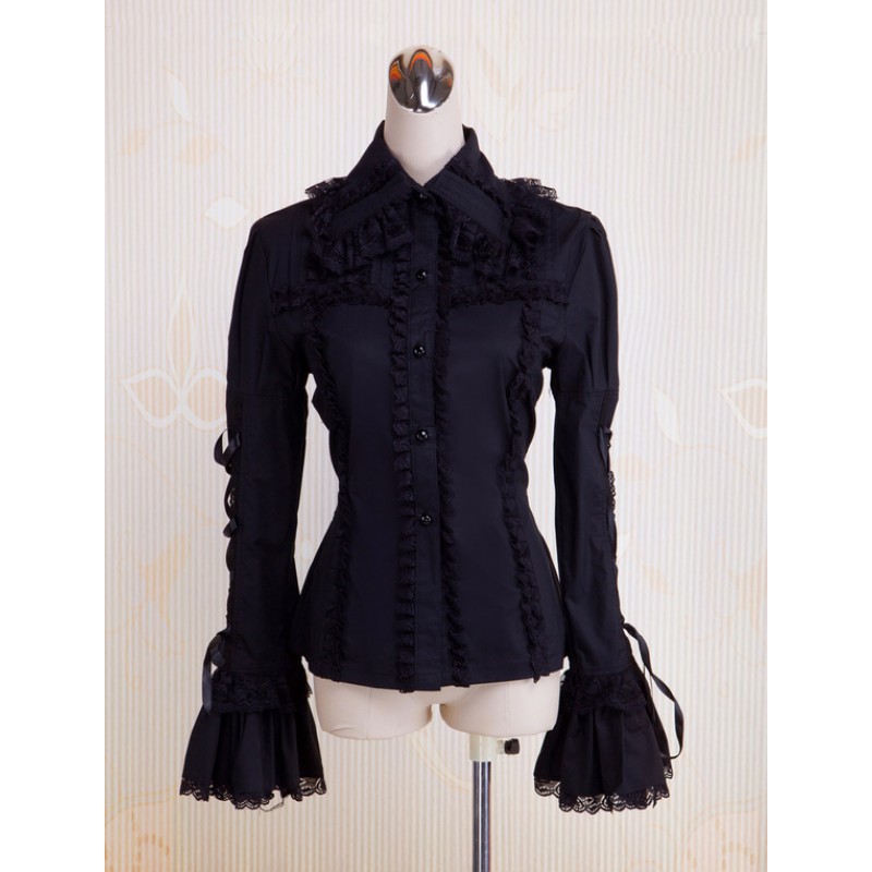 Black Cotton Lolita Blouse Long Hime Sleeves Lace Up Lace Trim Turn-down Collar