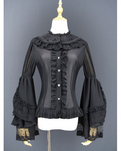 Classic Lolita Shirt Magic Star Chiffon Lace Ruffle Hime Sleeve Black Lolita Top Tops Classic  Traditional Daily Casual Tea Party