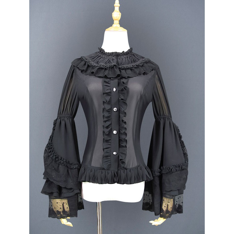 Classic Lolita Shirt Magic Star Chiffon Lace Ruffle Hime Sleeve Black Lolita Top Tops Classic  Traditional Daily Casual Tea Party