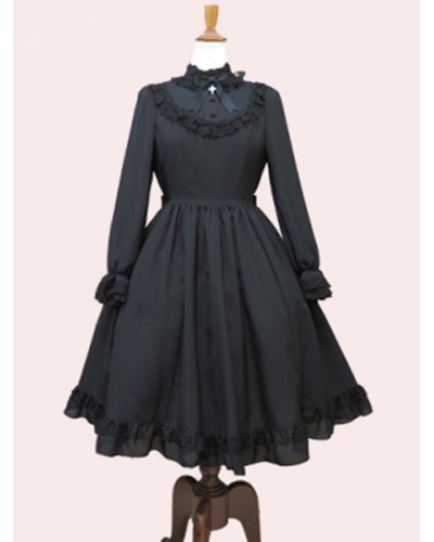 Classic Lolita OP Dress Ruffle Bow Pleated Black Lolita One Piece Dress Classic  Traditional Spring Fall Winter Daily Casual Tea Party