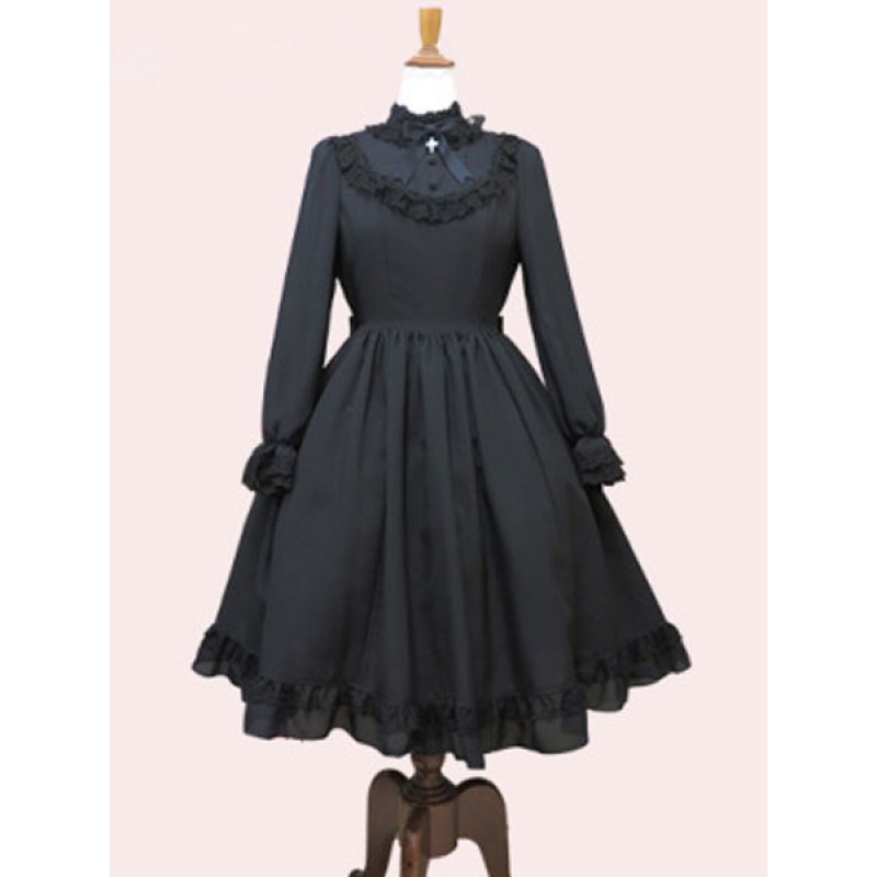 Classic Lolita OP Dress Ruffle Bow Pleated Black Lolita One Piece Dress Classic  Traditional Spring Fall Winter Daily Casual Tea Party