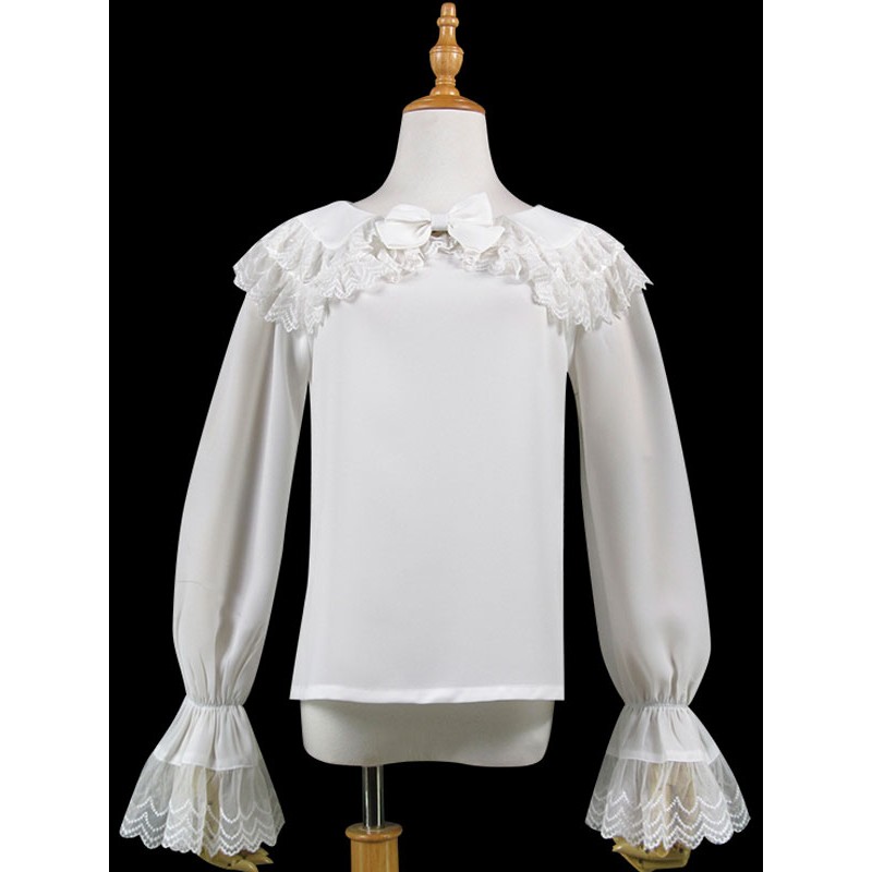 Lolita Blouse Lace Ruffle Bow Peter Pan Collar White Chiffon Lolita Top Tops Sweet Daily Casual Tea Party