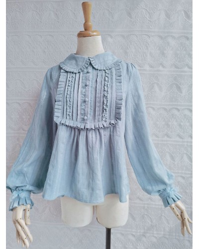 Lolita Light Sky Blue Long Sleeves Peter Pan Collar Ruffles Bows Lolita Top Lolita Shirt Blouses Daily Casual