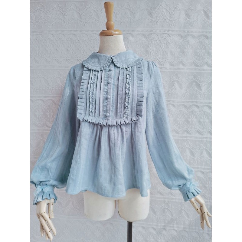 Lolita Light Sky Blue Long Sleeves Peter Pan Collar Ruffles Bows Lolita Top Lolita Shirt Blouses Daily Casual