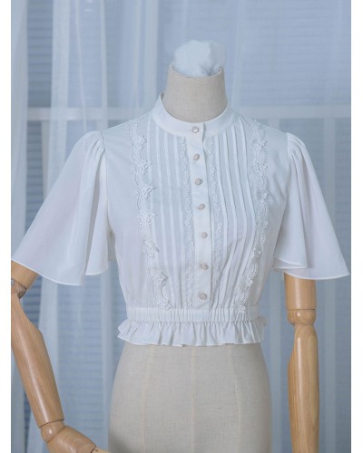 Classic Lolita Blouses Ruffles Bell Sleeve Chiffon Pleated White Lolita Top Tops Classic  Traditional Daily Casual