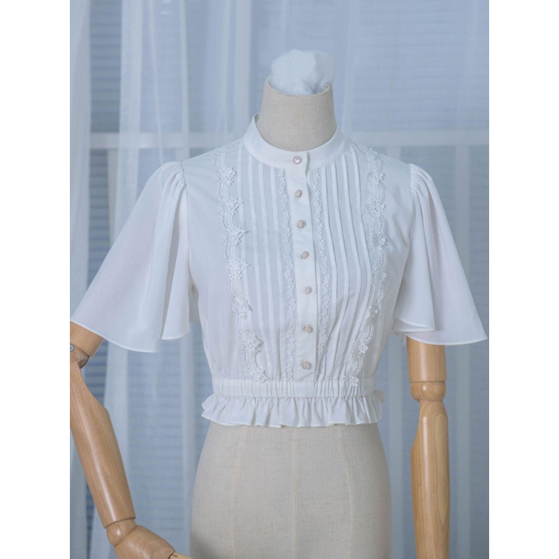 Classic Lolita Blouses Ruffles Bell Sleeve Chiffon Pleated White Lolita Top Tops Classic  Traditional Daily Casual