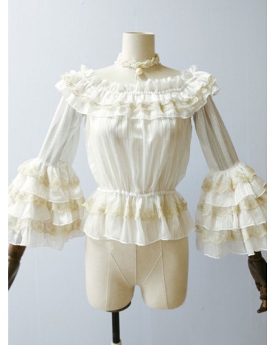 White Lolita Long Sleeves Ruffles Lace Lolita Top Lolita Shirt Blouses Daily Casual