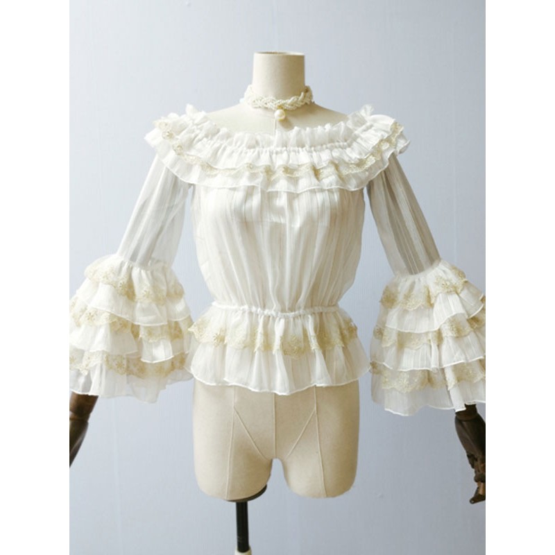 White Lolita Long Sleeves Ruffles Lace Lolita Top Lolita Shirt Blouses Daily Casual