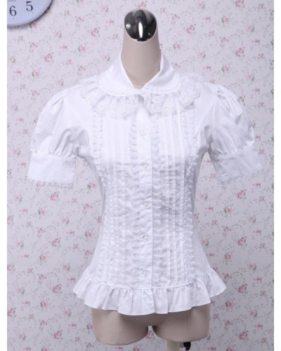 White Cotton Lolita Blouse Short Sleeves Layered Lace Trim Ruffles Sweet