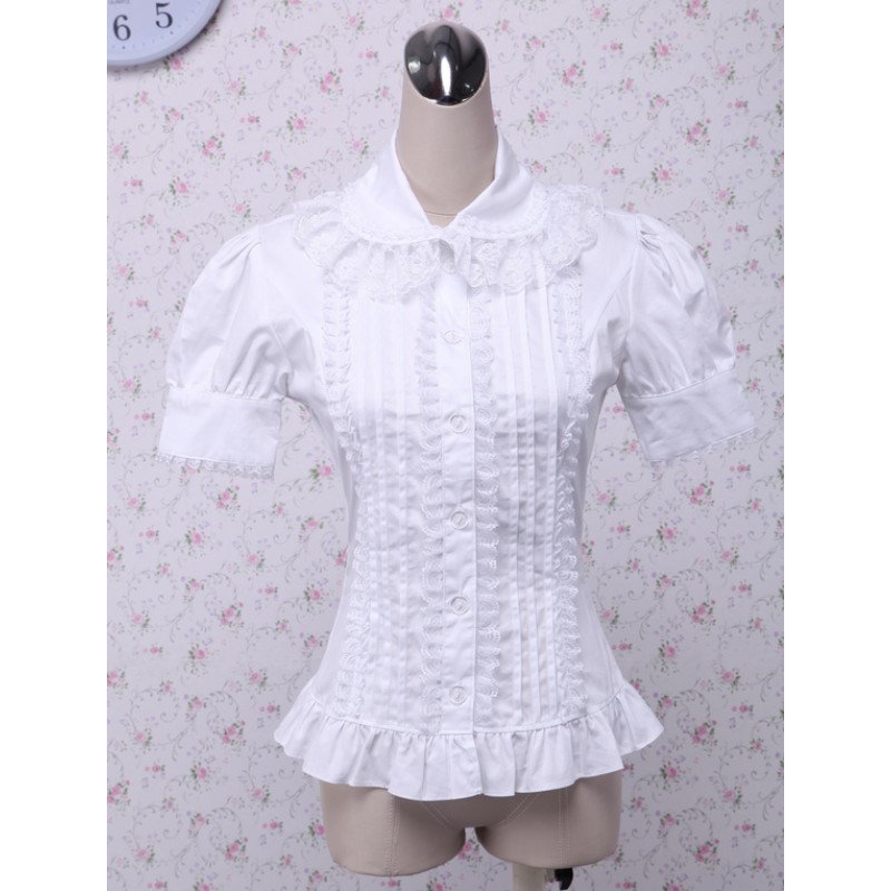 White Cotton Lolita Blouse Short Sleeves Layered Lace Trim Ruffles Sweet