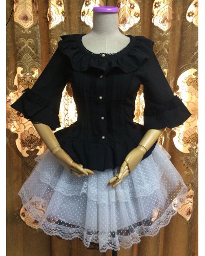 Lolita Blouses Round Neck Bell Sleeve Ruffles Chiffon Black Lolita Top Tops Gothic Tea Party