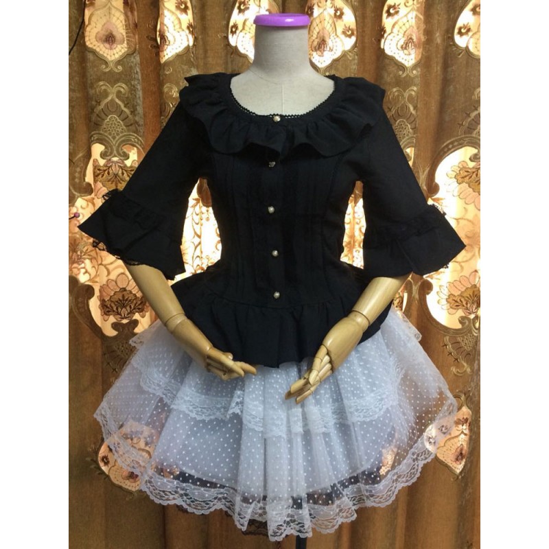 Lolita Blouses Round Neck Bell Sleeve Ruffles Chiffon Black Lolita Top Tops Gothic Tea Party