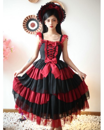 Idol clothes Lolita JSK Dress Burgundy Ruffles Floral Print Pattern Polyester Lace Up Lolita Jumper Skirts