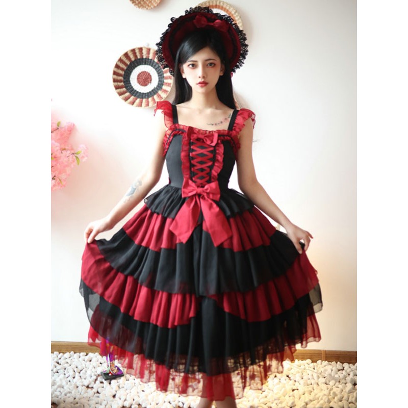 Idol clothes Lolita JSK Dress Burgundy Ruffles Floral Print Pattern Polyester Lace Up Lolita Jumper Skirts