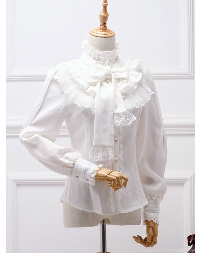 Classic Lolita Blouse White Bow Ruffle Lace Chiffon Lolita Shirt Spring Fall