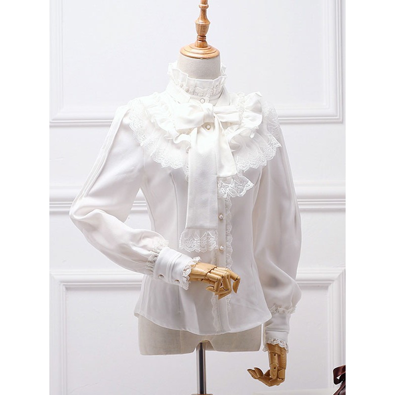 Classic Lolita Blouse White Bow Ruffle Lace Chiffon Lolita Shirt Spring Fall