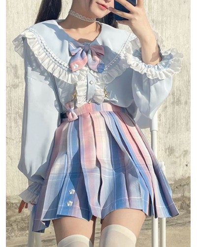 Lolita Ruffles Long Sleeves Blouse Lolita Top Light Sky Blue Lolita Shirt Blouses Sweet Academic Daily Casual Tea Party