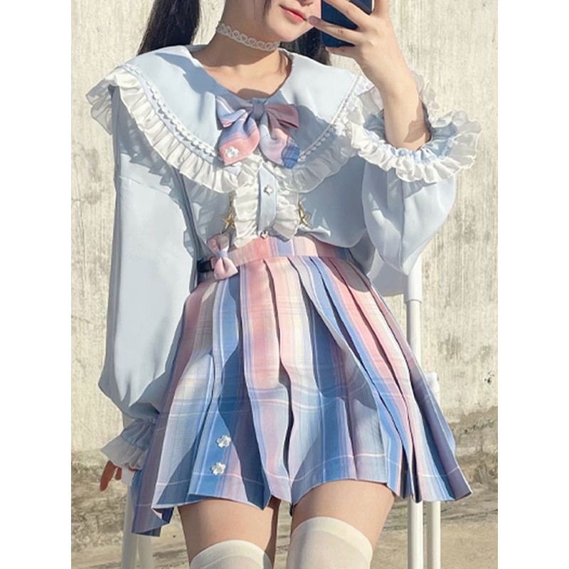 Lolita Ruffles Long Sleeves Blouse Lolita Top Light Sky Blue Lolita Shirt Blouses Sweet Academic Daily Casual Tea Party