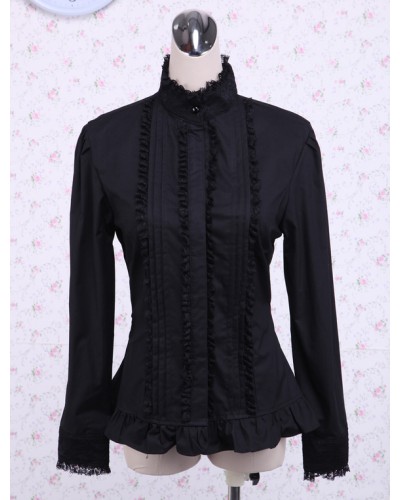 Black Cotton Lolita Blouse Stand Collar Layered Lace Trim Ruffles